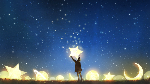 beautiful scenery showing the young boy standing among glowing planets and holding the star up in the night sky, digital art style, illustration painting - Photo, Image