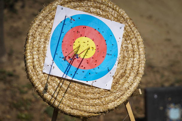 Flechas en tiro con arco objetivo en el rango de tiro con arco
 - Foto, Imagen