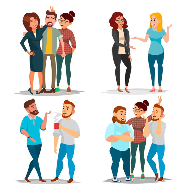 Friends Characters Set Vector. Laughing Friends, Office Colleagues. Business Situations. Man And Women Take A Picture. Friendship Concept. Isolated Flat Cartoon Illustration - Vector, Image