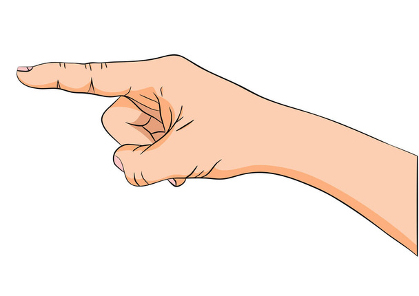 Hand with forefinger. Isolated drawn black contour of a hand, filled with  skin color. Drawing consists of black contours and a touch in skin color. No background, the drawing is isolated. - Vector, Image