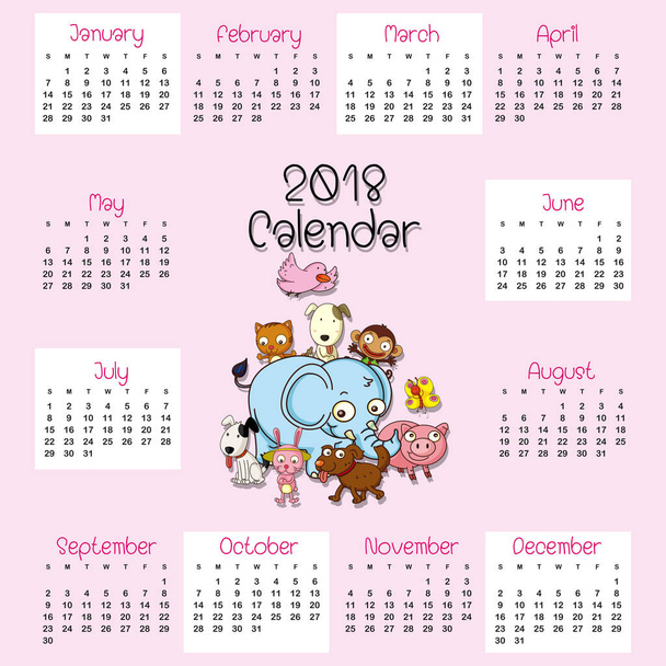 2018 kalendersjabloon met schattige dieren - Vector, afbeelding