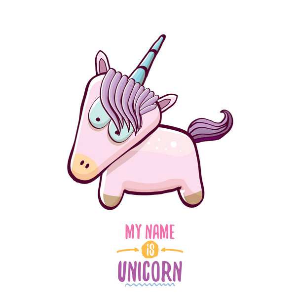 vector funny cartoon cute pink fairy unicorn isolated on white background. My name is unicorn vector concept illustration. funky hand drawn character - Vector, Image