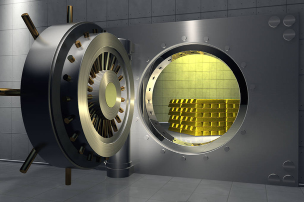bir banka Kasası 3D render içinde altın külçelerini yığını ile - Fotoğraf, Görsel