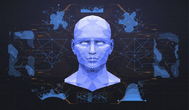 Concepto de escaneo facial. Tecnología biométrica de reconocimiento facial precisa y concepto de inteligencia artificial. Interfaz HUD de detección facial
. - Vector, Imagen