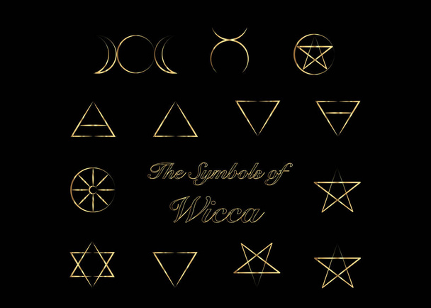 Golden Set of Witches runes, wiccan divination symbols. Ancient occult symbols, isolated on black. Vector illustration. - Vector, Image