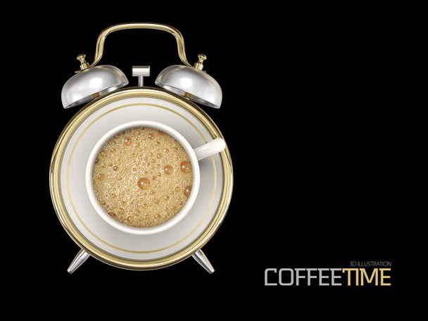 kávé csésze Stopperórák koncepció tervezési háttér, 3D-s illusztráció elszigetelt fekete - Fotó, kép