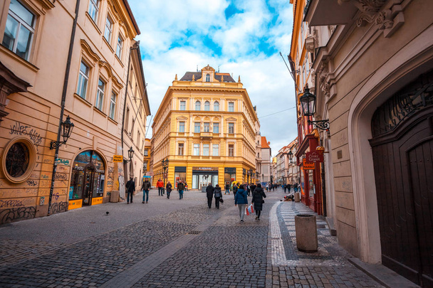 25.01.2018 Prague,Czech Republic - View to the street in the old - 写真・画像