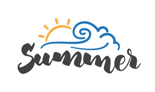 Brush lettering composition of Summer with line sun and wave on white background. - Vector, imagen