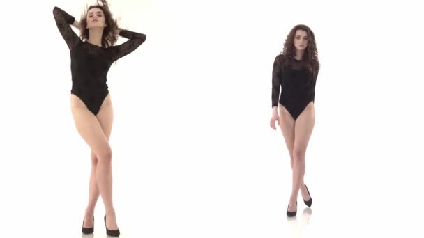 2 videos in one. Beautiful and sexy young woman in a black body with dark hair. - Footage, Video