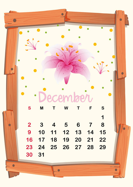 Kalendersjabloon voor December met roze lelie - Vector, afbeelding