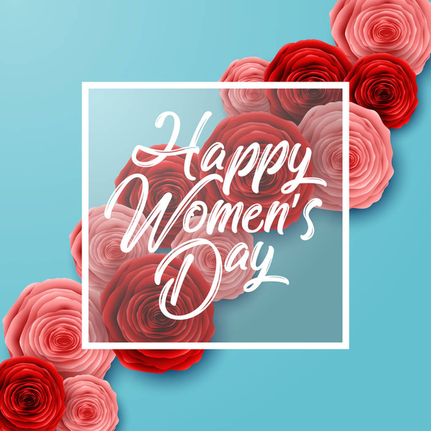 Tarjeta de felicitación del Día Internacional de la Mujer con flores de rosas y marco cuadrado sobre fondo azul
 - Vector, imagen