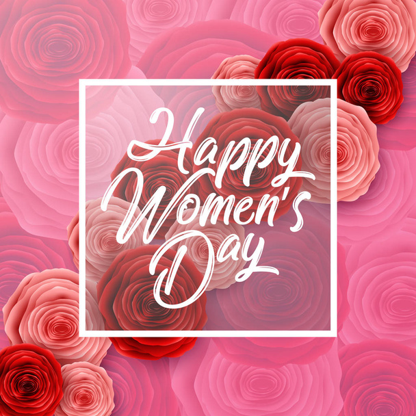 International Happy Women's Day greeting card with roses flowers and square frame on pink background - Vector, Imagen