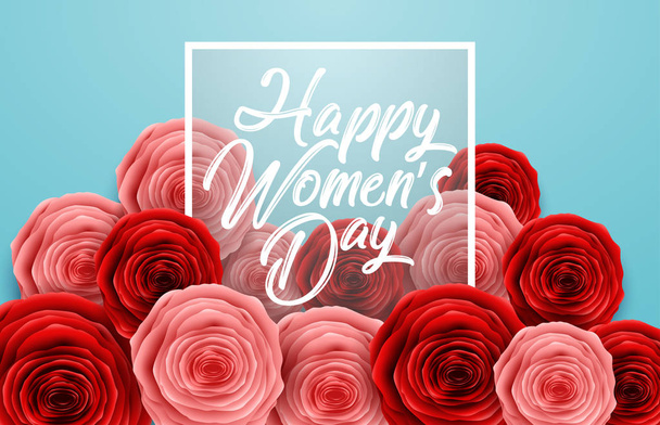Happy Ημέρα της γυναίκας με τετράγωνο καρέ και τριαντάφυλλα λουλούδια σε μπλε φόντο - Διάνυσμα, εικόνα