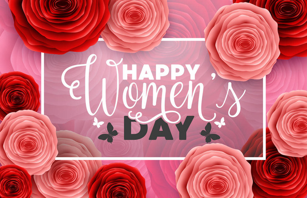 Διεθνών ευτυχισμένη γυναικών μέρα ευχετήρια κάρτα με τριαντάφυλλα και τετράγωνο πλαίσιο σε φόντο μοτίβο λουλούδια - Διάνυσμα, εικόνα