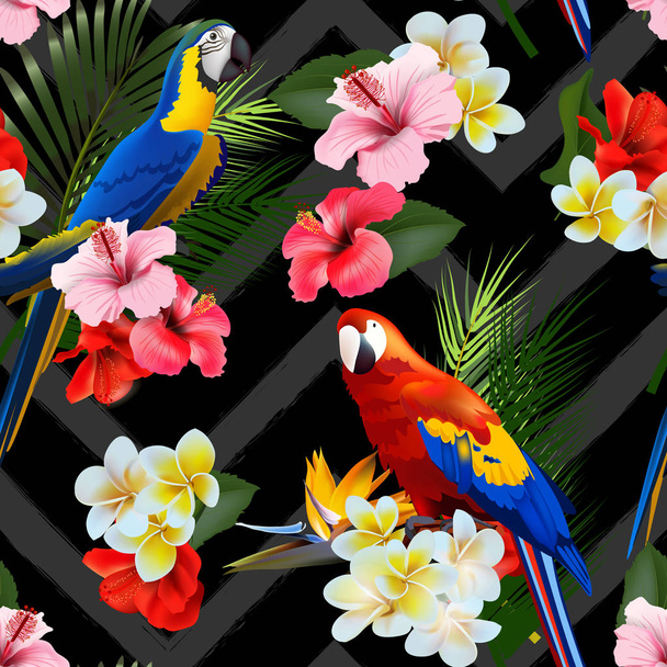 Sfondo tropicale estivo senza soluzione di continuità con fiori tropicali e pappagalli colorati. Illustrazione vettoriale
 - Vettoriali, immagini