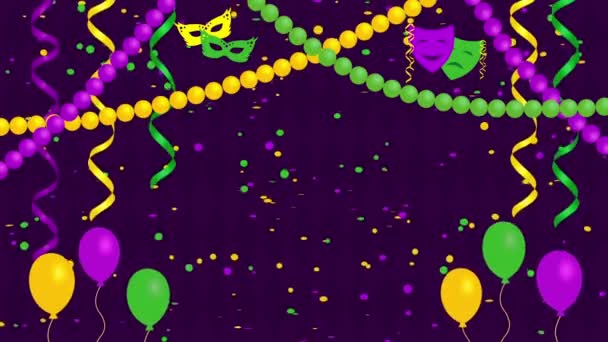 Juhlakarnevaalitausta, jossa on konfetteja, naamioita ja ilmapalloja
 - Materiaali, video