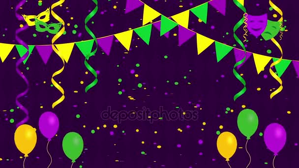 Juhlakarnevaalitausta, jossa on konfetteja, naamioita ja ilmapalloja
 - Materiaali, video