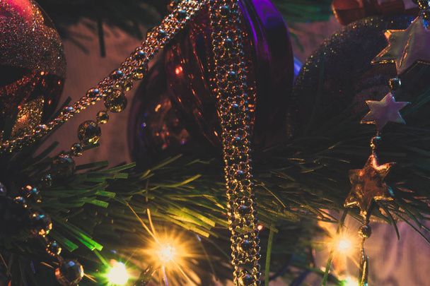 Christmas Lights and Decorations on Tree Retro - Fotografie, Obrázek