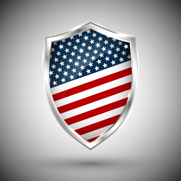 President's day shield banner with stars and stripes presentation. Independence Day shield icon with USA flag. Protect privacy badge. United States of American President holiday. Veterans Day shield - Wektor, obraz