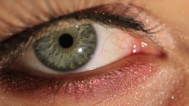 Een vrouwelijk oog met cosmetische mascara, grote leerling, rode capillares. Macro  - Video