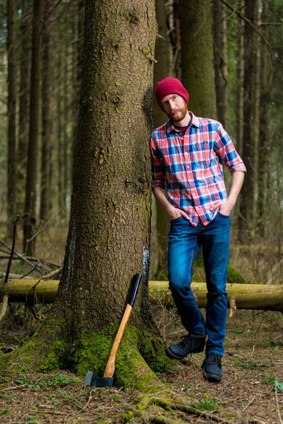 木にもたれて、斧で休んでリラックスしたフォレスター - 写真・画像