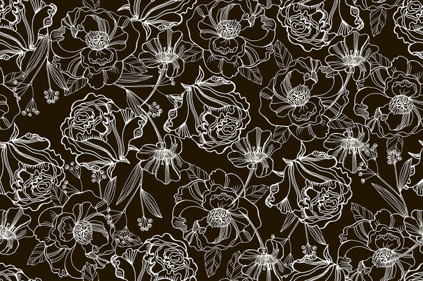 Black and white seamless pattern with beautiful ranunculus and m - Vector, Image
