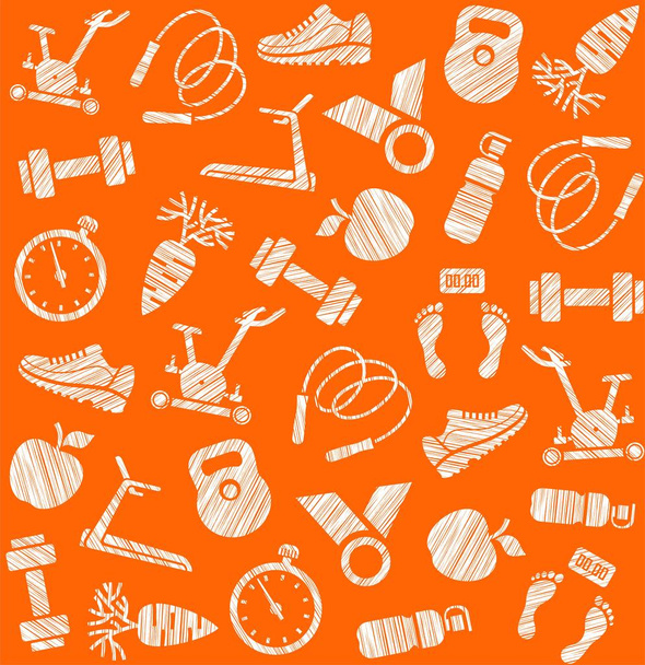 Fitness, sports training, seamless pattern, shading, pencil, orange, vector. Fitness and a healthy lifestyle. Hatching a white pencil on the orange box. Imitation. Vector pattern.  - Vector, Image