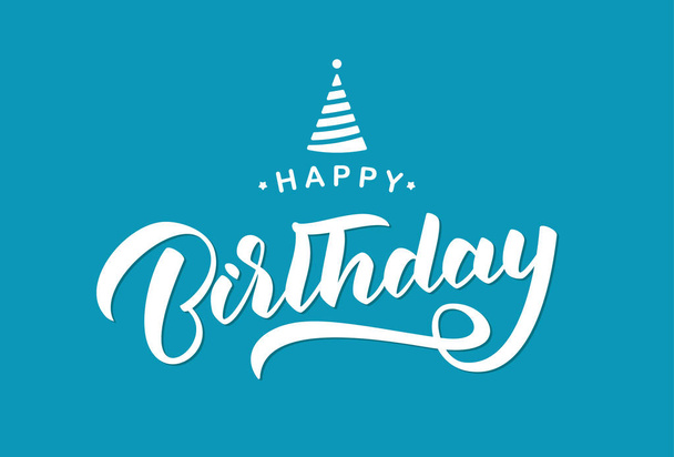 Handwritten lettering composition of Happy Birthday on blue background. Typography design. Greetings card - Vector, Image