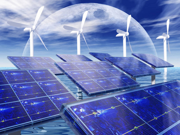szél turbina és a napelem panelek - Fotó, kép