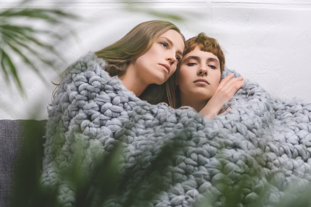 joven pareja lesbiana sentado bajo punto lana manta juntos y abrazando
 - Foto, Imagen