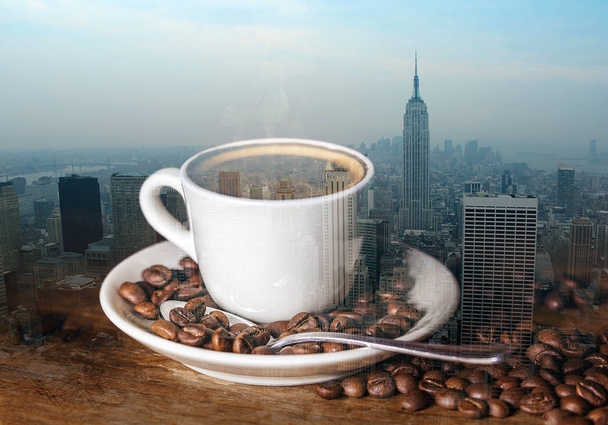 Double exposure of cup of coffee with beans and New York city skyline - Photo, image