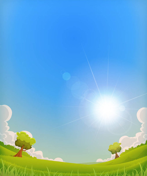 Мультфильм природный ландшафт с деревьями, мясом и сияющим солнцем
 - Вектор,изображение