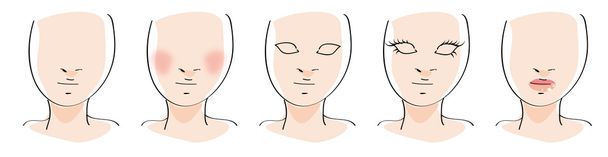 Cinco pasos aplicando maquillaje: rubor, rímel, lápiz labial
 - Vector, imagen