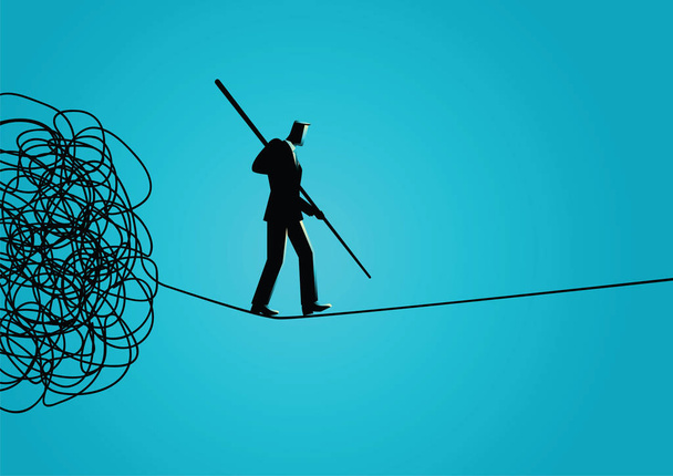 Empresário afastando-se cuidadosamente da corda emaranhada
 - Vetor, Imagem