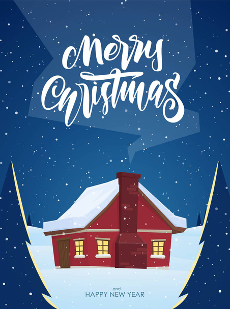Векторная зимняя открытка с надписью "Счастливого Рождества" и мультяшный домик с дымом из дымохода
 - Вектор,изображение