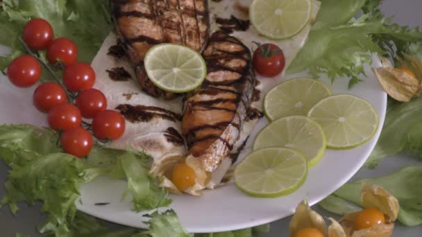 Grilled trout with fresh Greens and vegetables - Footage, Video
