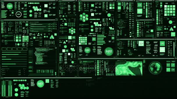 Deep green futuristic interface/Digital screen.Detailed abstract background with blinking and switching indicators and statuses showing work of command center, processing big data, machine deep learning, neural network system progress. - Footage, Video