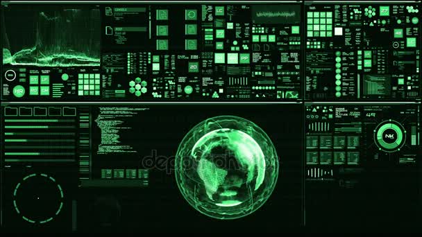 Deep green futuristic interface/Digital screen.Detailed abstract background with blinking and switching indicators and statuses showing work of command center, processing big data, machine deep learning, neural network system progress. - Footage, Video