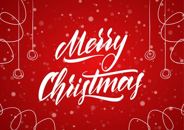 Frohe Weihnachten. handgeschriebene elegante klassische Pinselschrift mit handgezeichneter Dekoration auf rotem Schneeflockenhintergrund. - Vektor, Bild