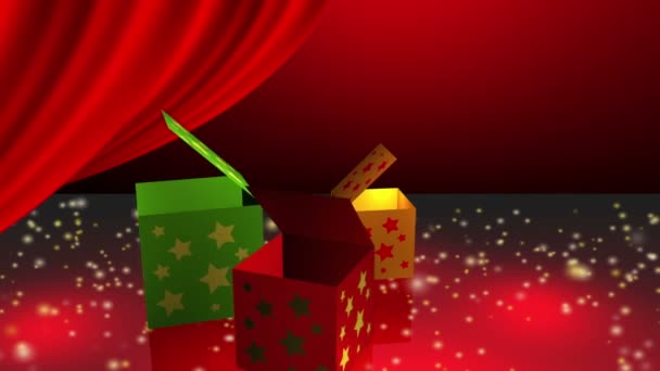 Крутящаяся подарочная коробка, открывающая подарок, волшебные звезды и свет, исходящий из нее
 - Кадры, видео