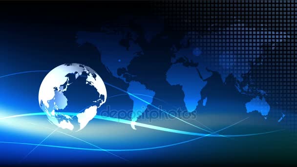 Blue-Earth-Technologie, Geschäfts- und Kommunikationshintergrundschleife. Animation des rotierenden Globus mit Weltkarte im Hintergrund. Raum für Ihren Text und Ihr Logo - Filmmaterial, Video