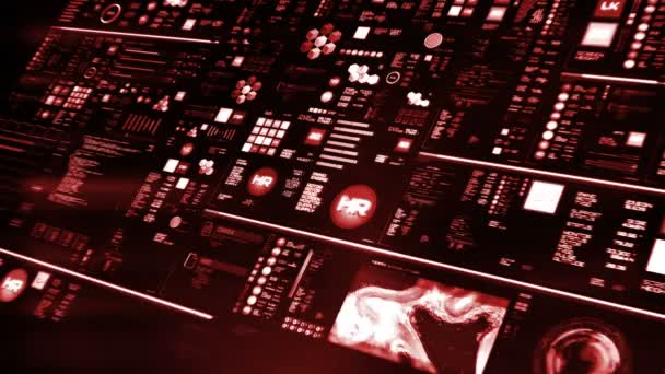 Näkökulma punainen futuristinen käyttöliittymä / Digital screen.Detailed abstrakti tausta vilkkuu ja kytkentä indikaattorit ja tilat osoittavat työtä komentokeskuksen, käsittely big data, kone syvä oppiminen, hermoverkko järjestelmän etenemistä
. - Materiaali, video