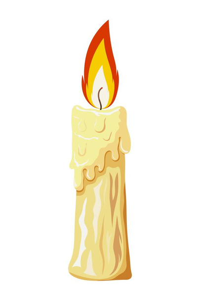 Color image of a wax candle on a white background. Vector illustration of a cardboard style candle with a flame - Vettoriali, immagini