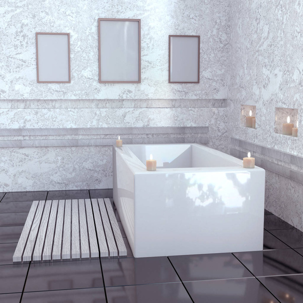Modern bathroom with ceramic bath with candles. 3D rendering mock up - Foto, imagen