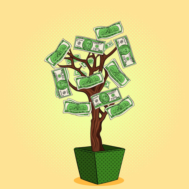 Δέντρο χρήματα με 100 δολάρια. Νόμισμα πάνω στο φυτό. Επιχειρήσεων αυξάνεται. Pop art αντικείμενο διανύσματος - Διάνυσμα, εικόνα