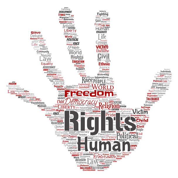 Концептуальні права людини політична свобода, демократія руки друкують маркування слова хмара ізольовані фон. Колаж людської толерантності, принципи права, людська справедливість або концепція дискримінації
 - Фото, зображення