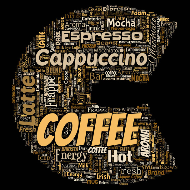 konzeptionelle kreative heißen Morgen italienischen Kaffeepause Cappuccino oder Espresso Restaurant oder Cafeteria Buchstabe Schrift c Getränk Wort Wolke isoliert. ein Spritzer Energy oder Geschmacksgetränk Konzepttext - Foto, Bild