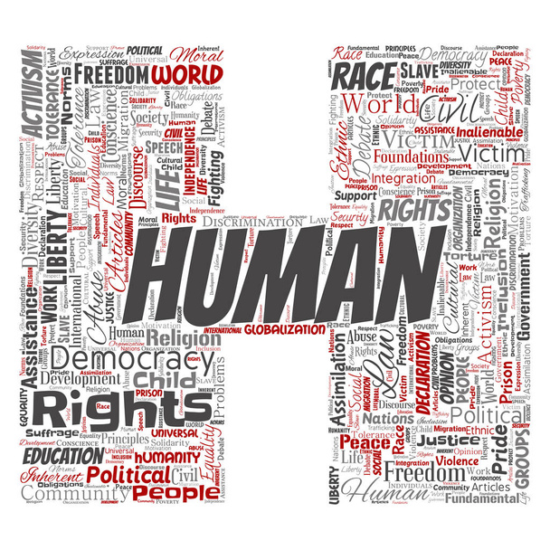 Konceptuální lidská práva politické svobody, demokracie dopis písma H slovo mrak, samostatný pozadí. Koláž z lidskosti tolerance, principy práva, lidé spravedlnost nebo diskriminace koncept - Fotografie, Obrázek