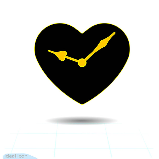 Heart vector black icon. Orange hands clock in heart. Valentines day sign, emblem, Flat style for graphic and web design, logo. Vector Illustration, of Orange Clock Icon. - Vektori, kuva