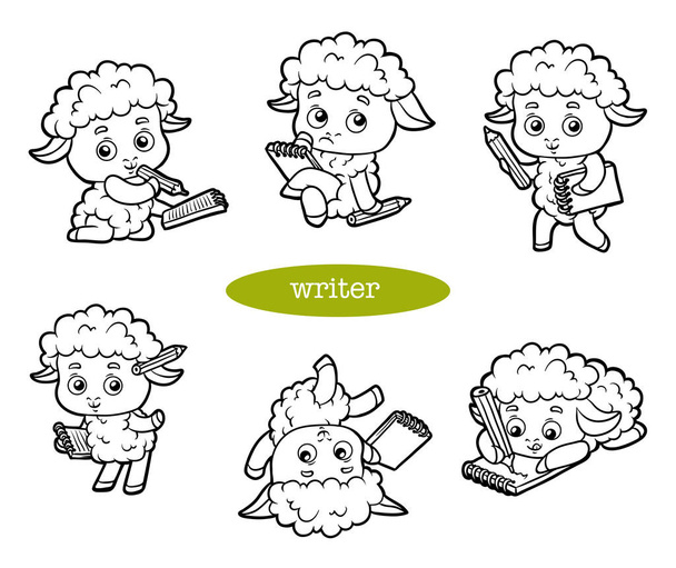 Desenhos animados ilustração, conjunto preto e branco com uma ovelha engraçada
 - Vetor, Imagem